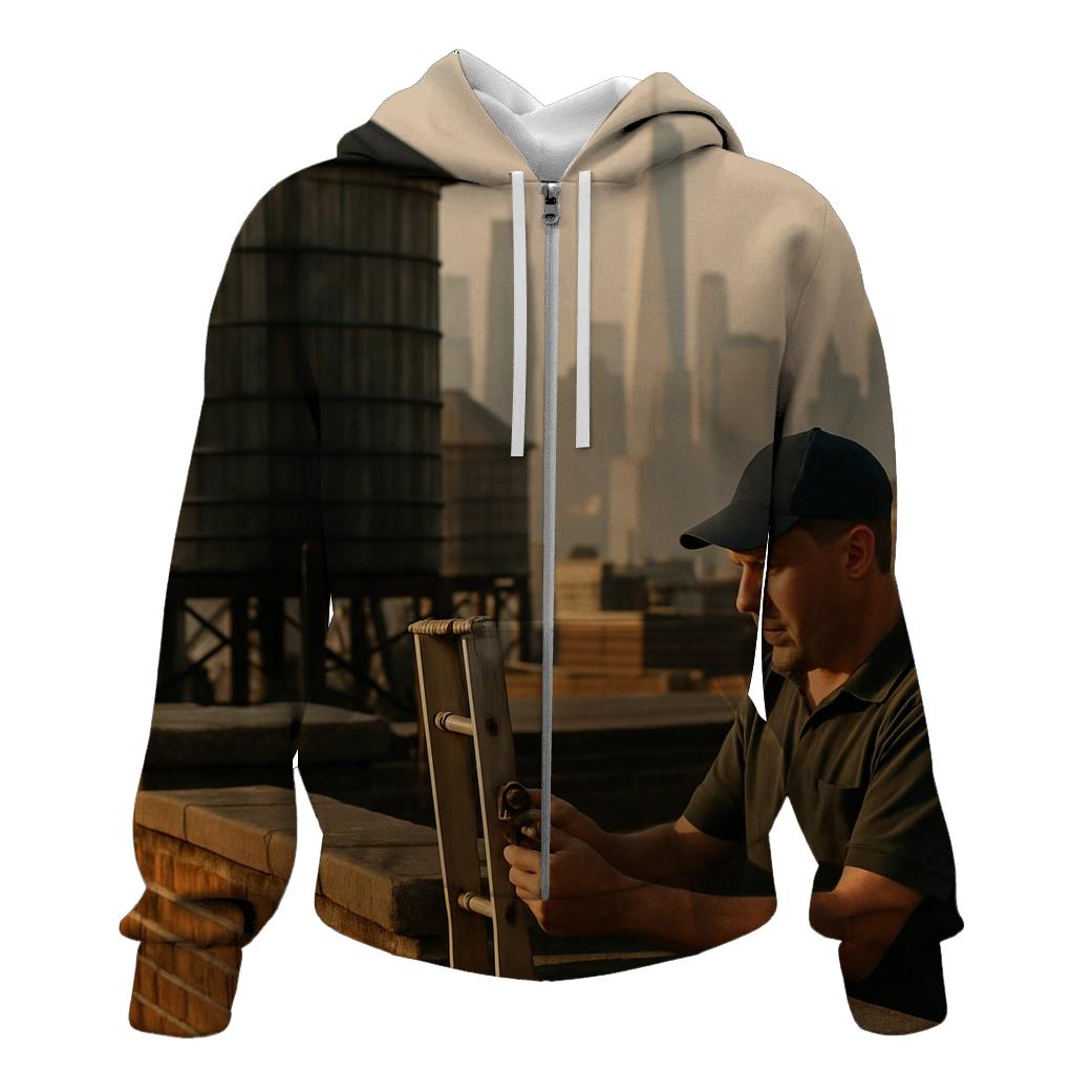 September Rooftop Water Towers With Downtown In The Haze premium hoodies
