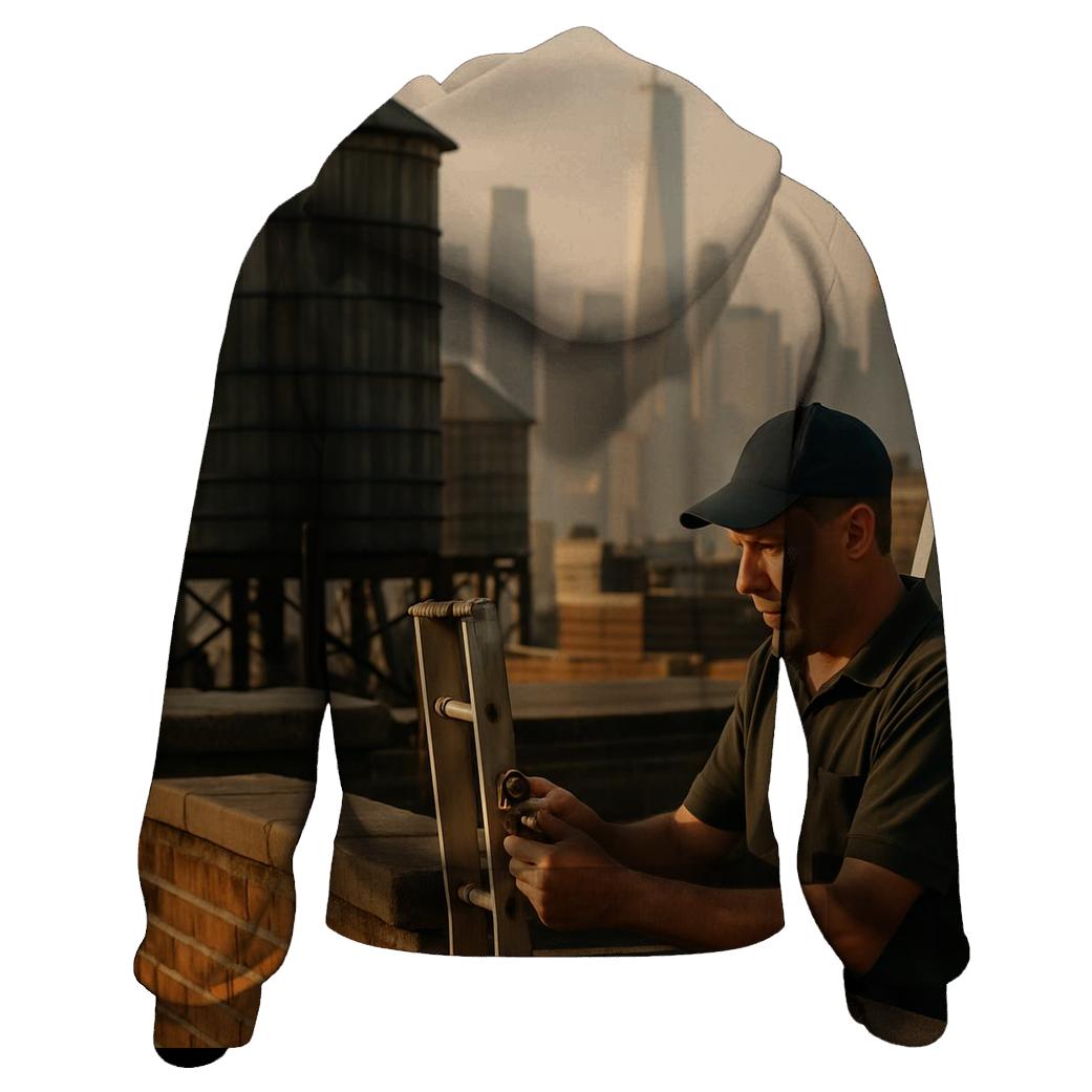 September Rooftop Water Towers With Downtown In The Haze premium hoodies