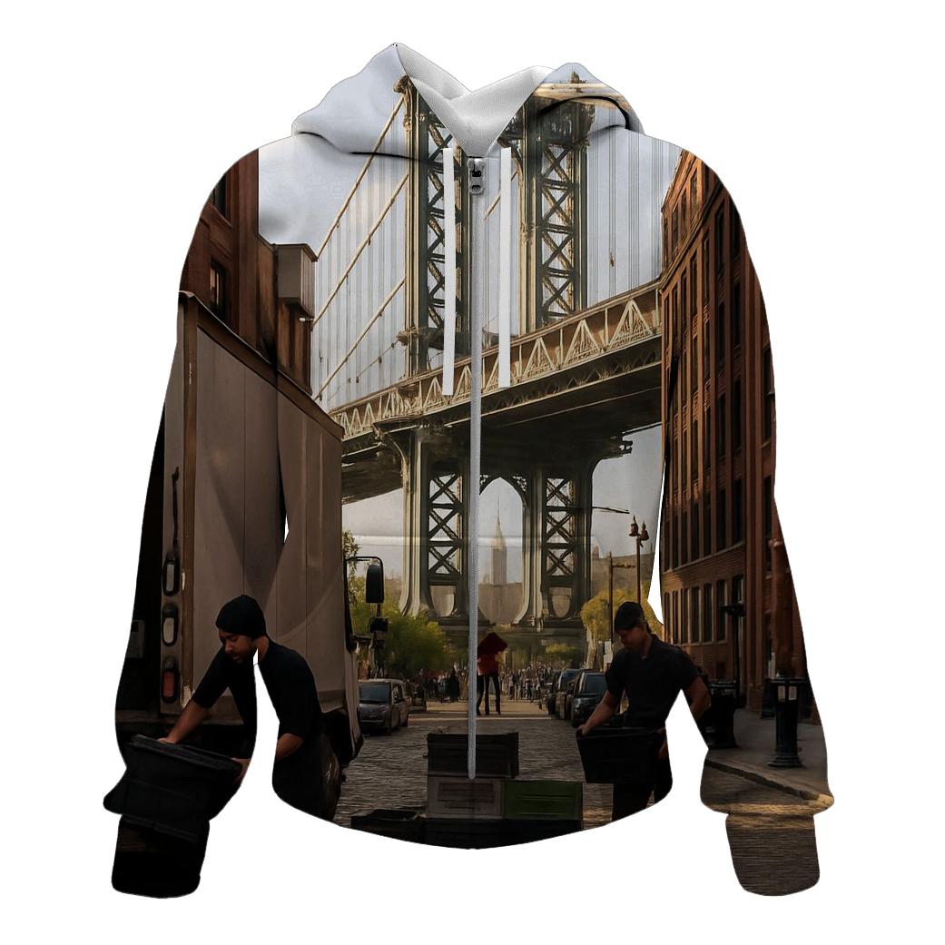 Morning Market Unloading Under The Manhattan Bridge In DUMBO heavyweight hoodies