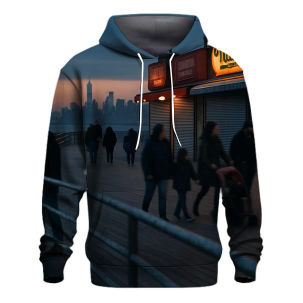 Coney Island Boardwalk Dusk With Far Off Downtown Silhouette zip-up hoodies