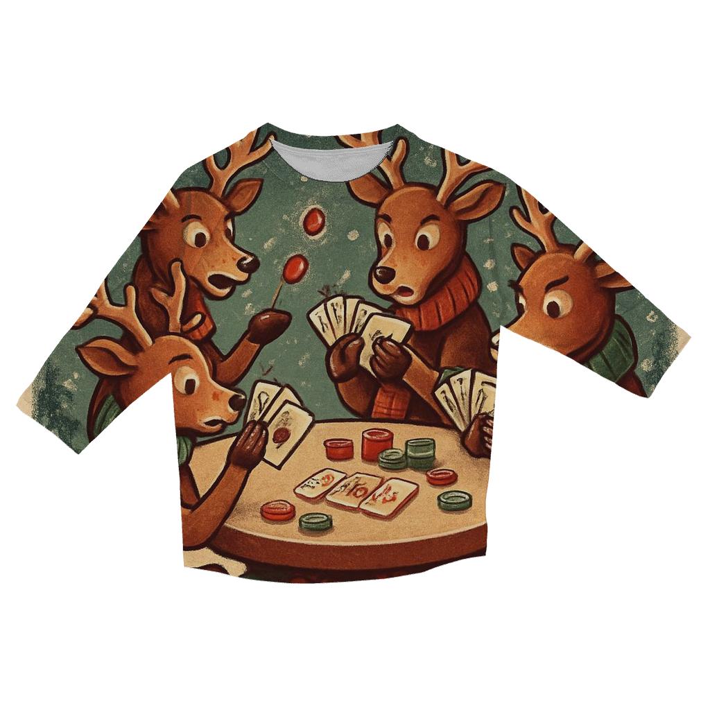 Reindeer Card Game Blizzard Table printed three quarter sleeve shirts