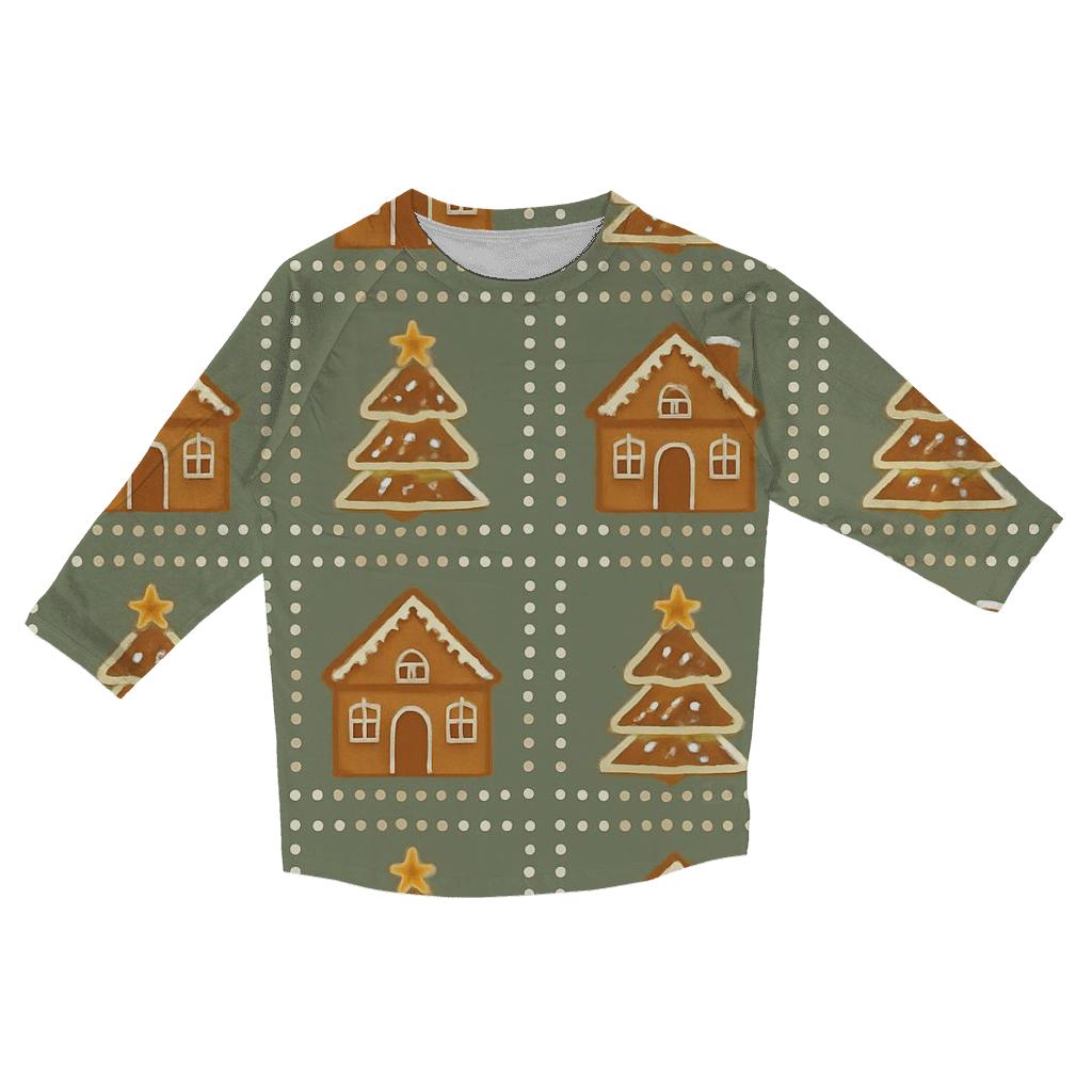 Gingerbread Village Block Repeat On Sage Background cotton quarter sleeve shirts
