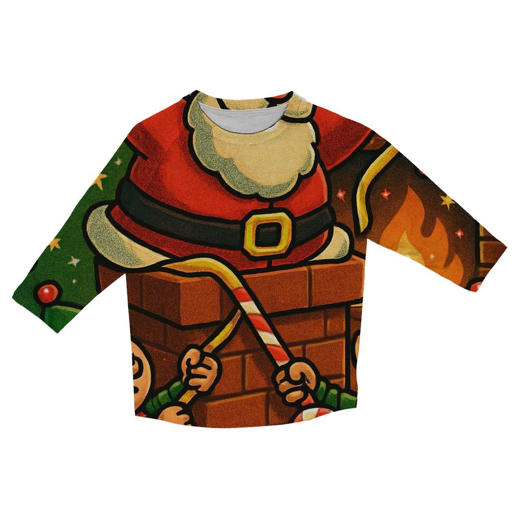 Santa Stuck In Chimney Whirlwind Workshop printed three quarter sleeve shirts