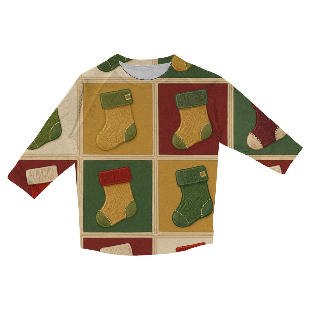 Christmas Stocking Patchwork Tiles On Beige Background printed three quarter sleeve shirts