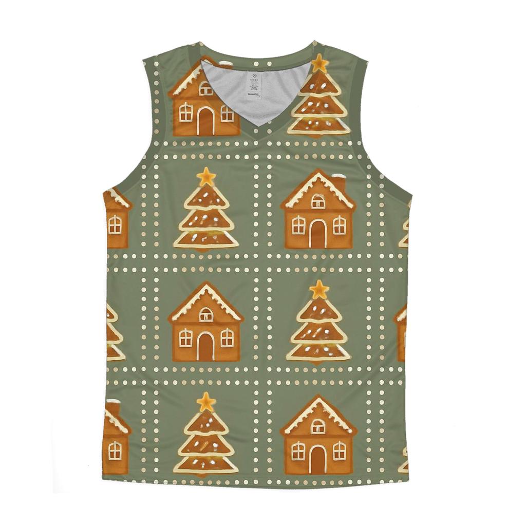 Gingerbread Village Block Repeat On Sage Background graphic print tank tops