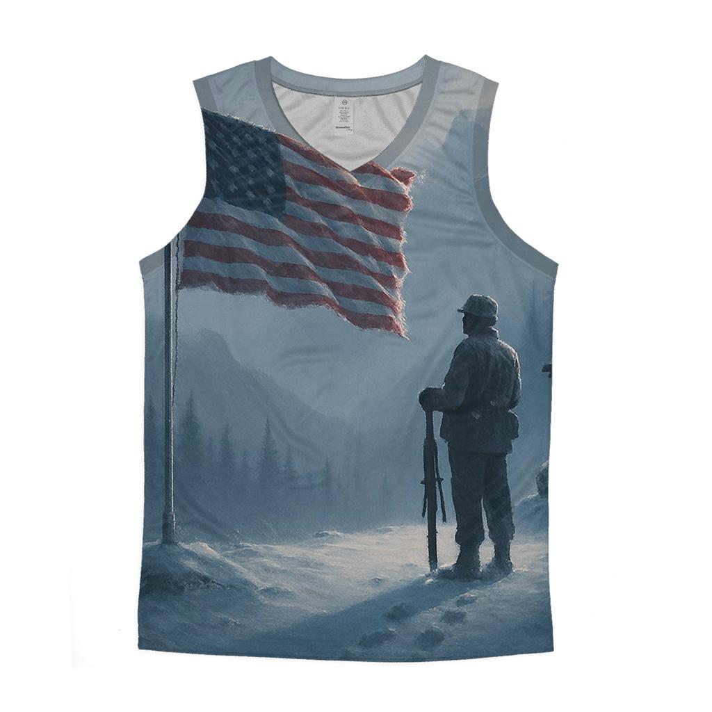 Mountain Watchpost Flag In Winter Quiet graphic print tank tops