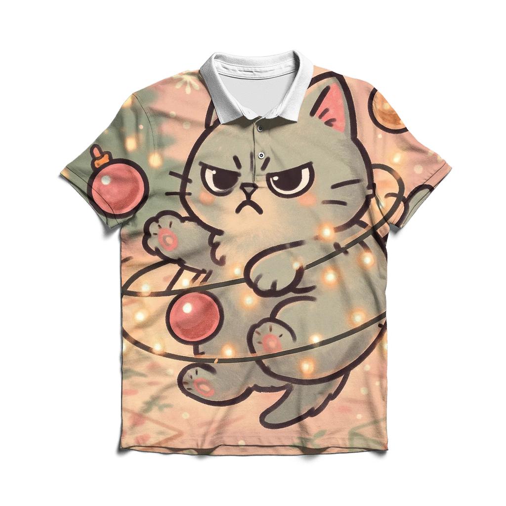 Cat Tangled In Twinkle Garland Orbit embroidered polo tops