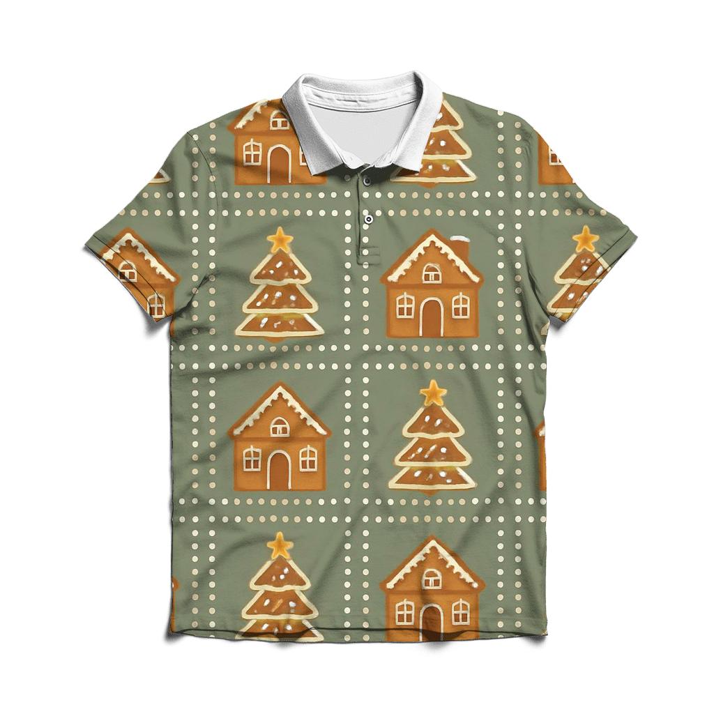 Gingerbread Village Block Repeat On Sage Background custom polo shirts