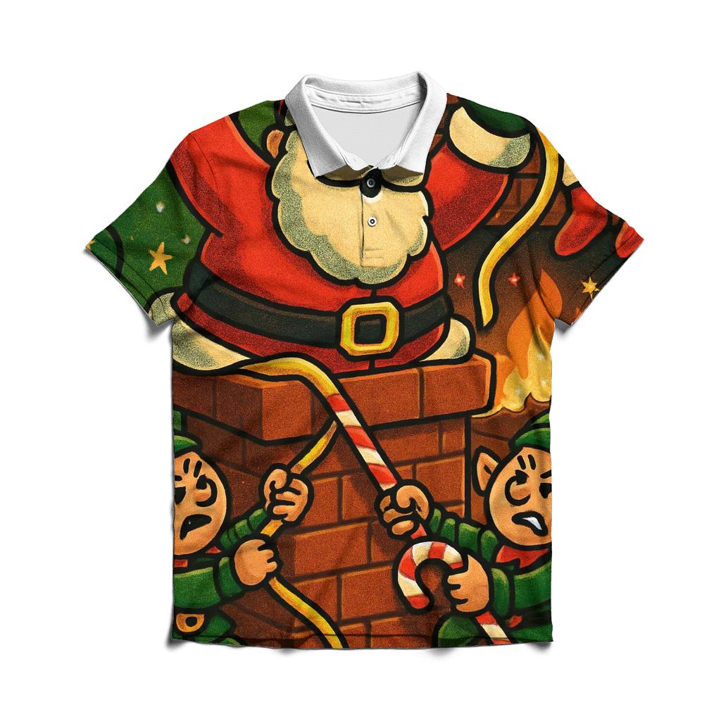 Santa Stuck In Chimney Whirlwind Workshop branded logo polo shirts