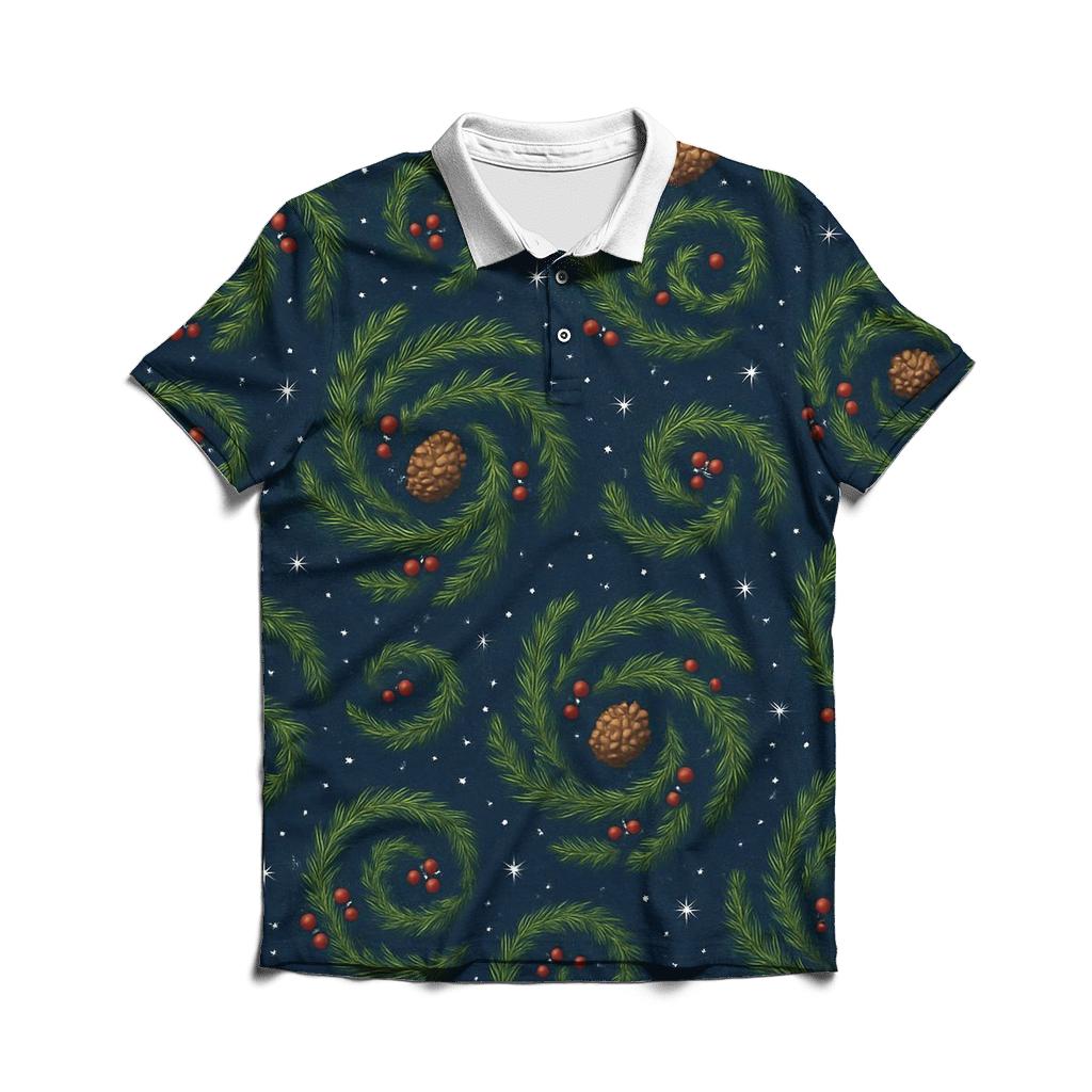 Fir Branch Spiral Scatter On Midnight Blue Background premium cotton polo shirts