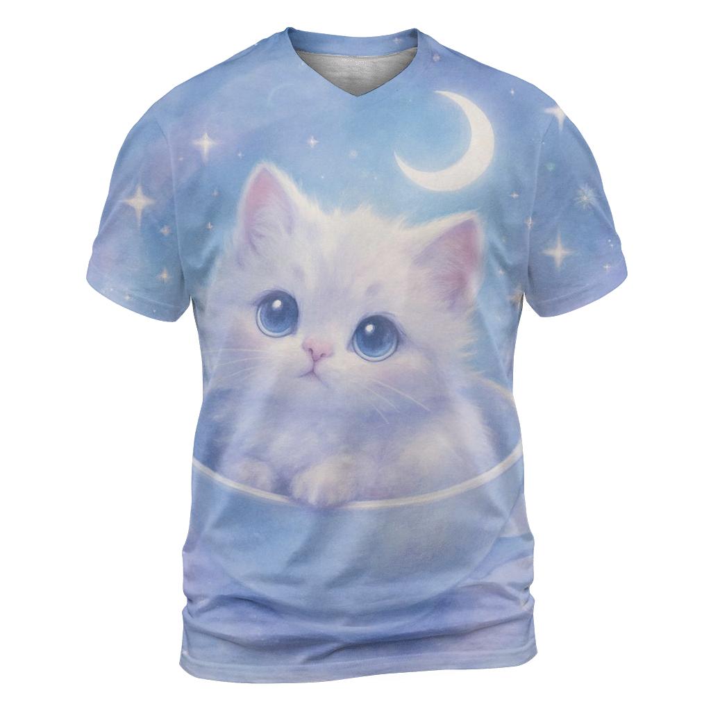 Moonlit Teacup Kitten Orbit vibrant all-over design tees