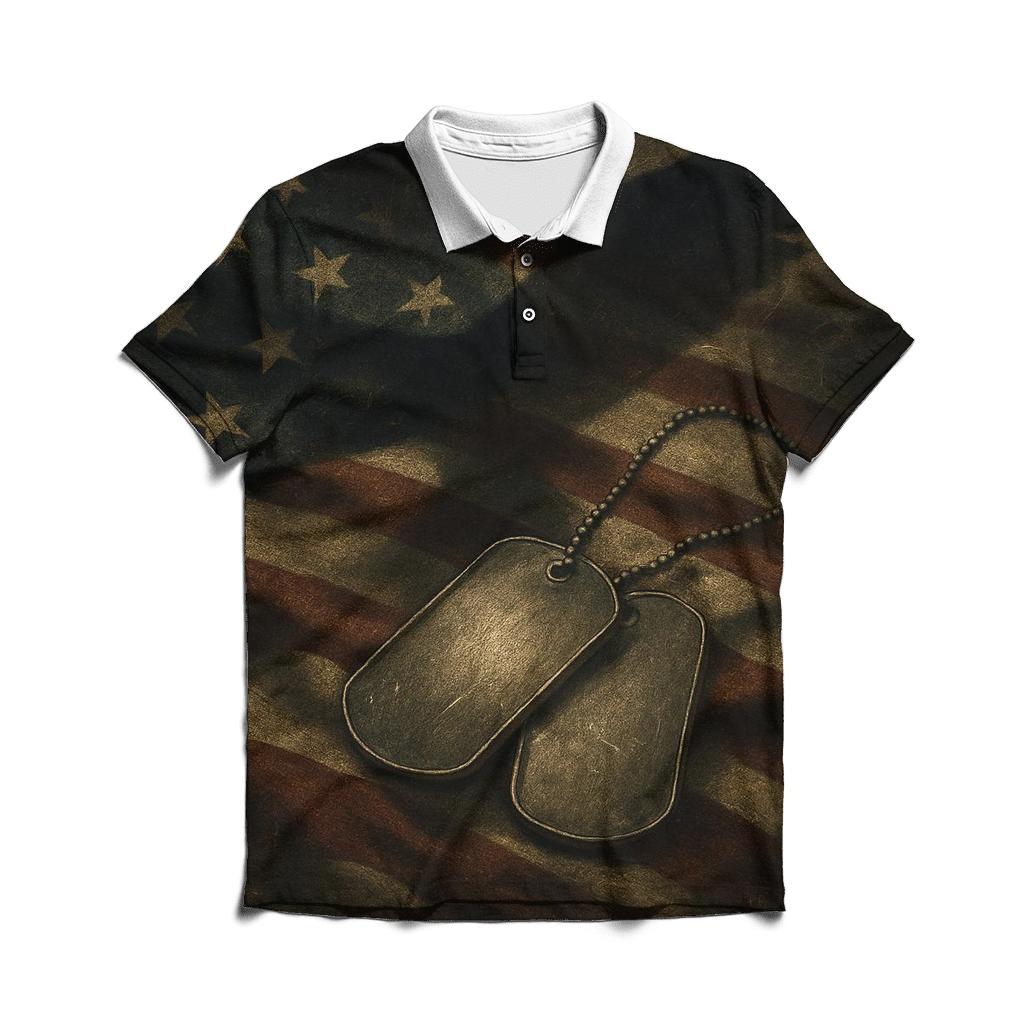 Dog Tags On Flag Shadowed By Wings premium cotton polo shirts