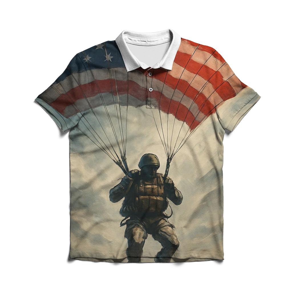 Paratrooper Descent Through Flag Clouds premium cotton polo shirts