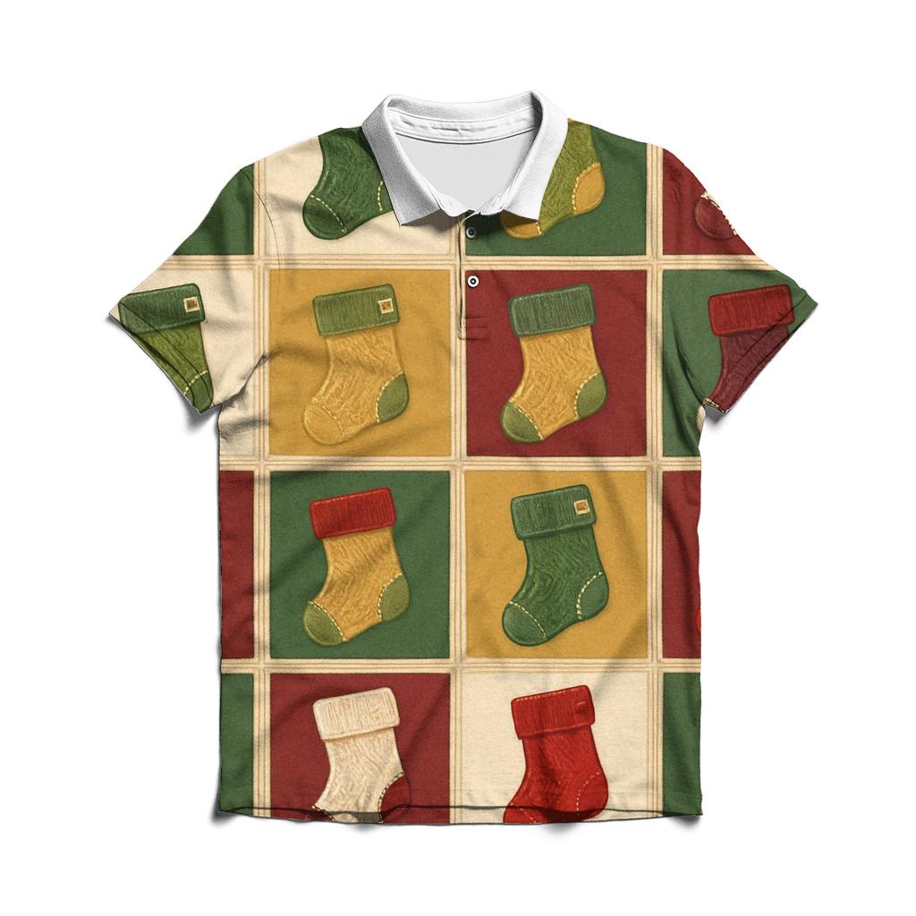 Christmas Stocking Patchwork Tiles On Beige Background premium cotton polo shirts