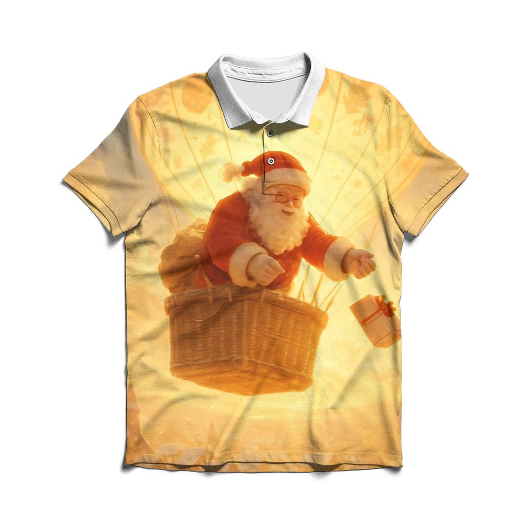 Golden Sunrise Santa Delivering By Hot Air Balloon premium cotton polo shirts