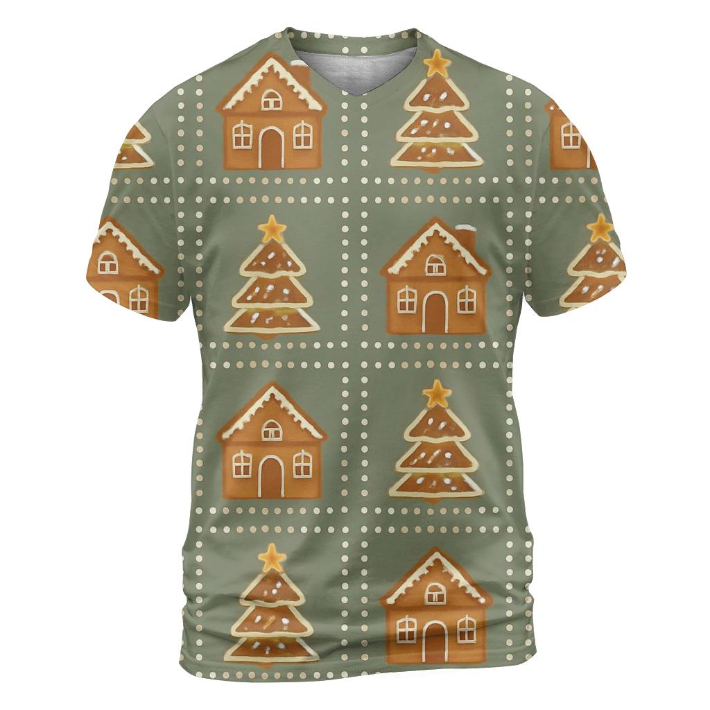 Gingerbread Village Block Repeat On Sage Background vibrant all-over design tees