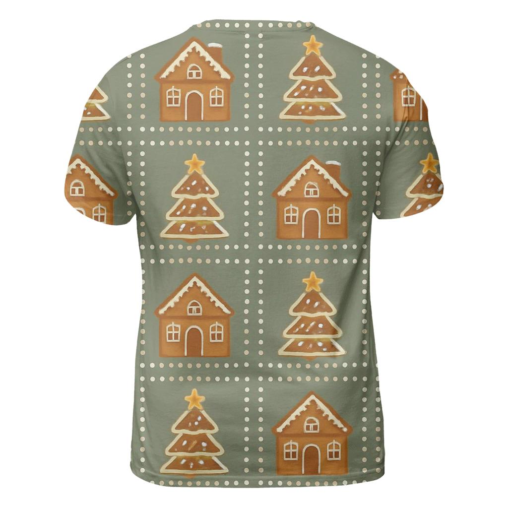 Gingerbread Village Block Repeat On Sage Background vibrant all-over design tees