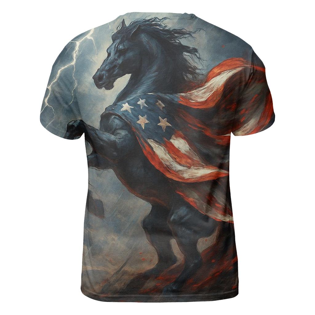 Storm Rider Flag Mustang vibrant all-over design tees