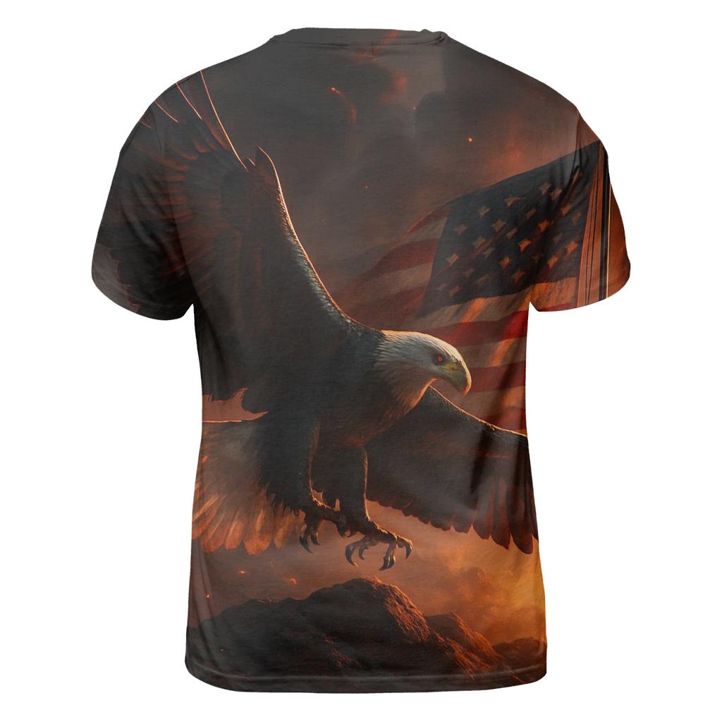 Eagle Over Firelit Flag Ridge vibrant all-over design tees