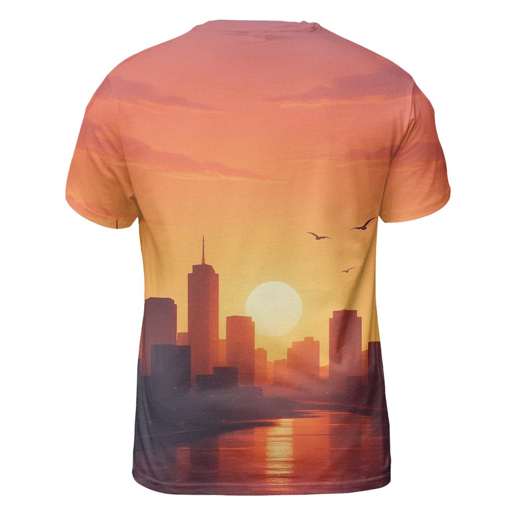Golden Hour Skyline Drift vibrant all-over design tees