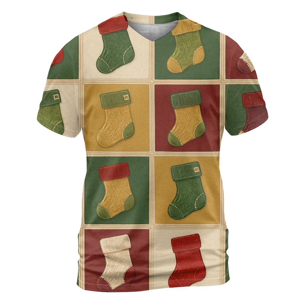 Christmas Stocking Patchwork Tiles On Beige Background vibrant all-over design tees