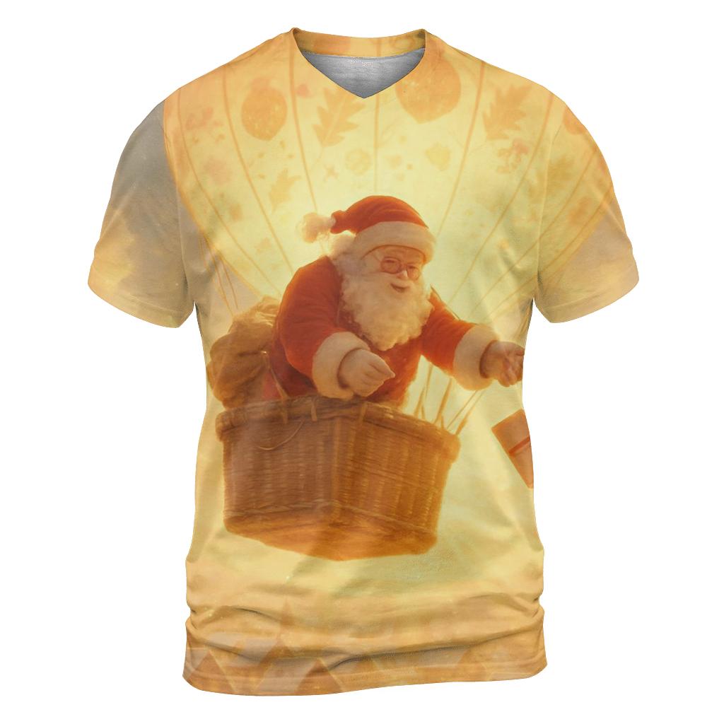 Golden Sunrise Santa Delivering By Hot Air Balloon artistic all-over print tops