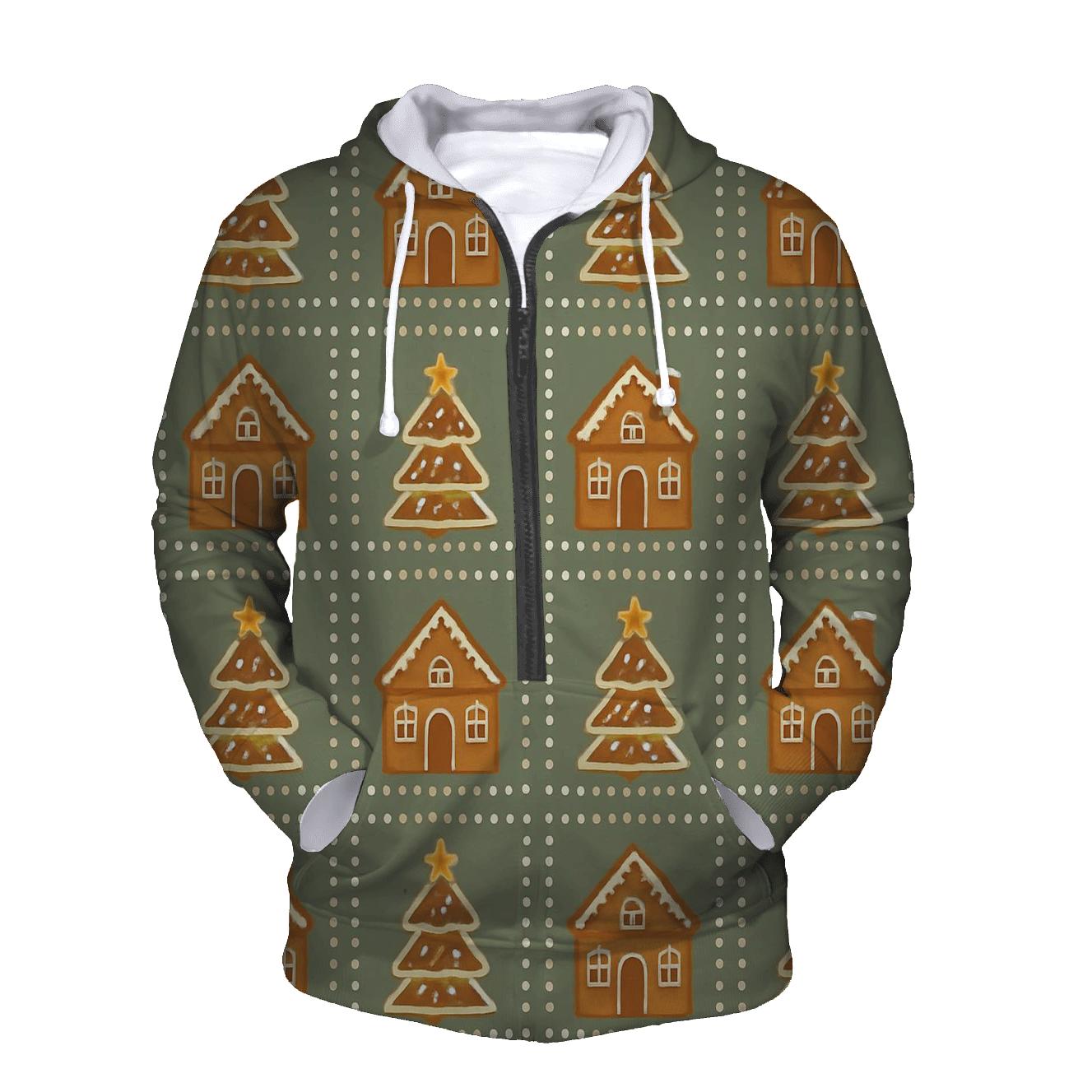 Gingerbread Village Block Repeat On Sage Background lightweight hoodies