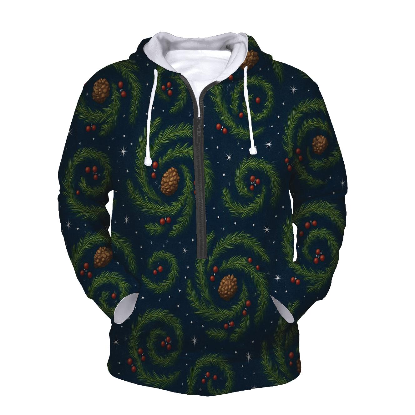 Fir Branch Spiral Scatter On Midnight Blue Background heavyweight hoodies