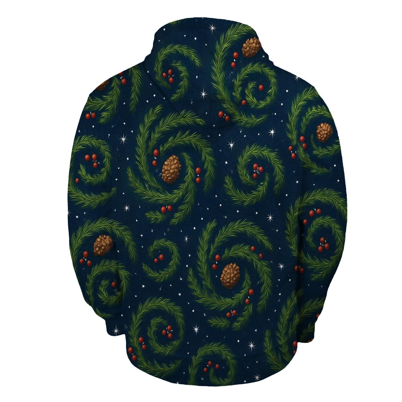 Fir Branch Spiral Scatter On Midnight Blue Background heavyweight hoodies