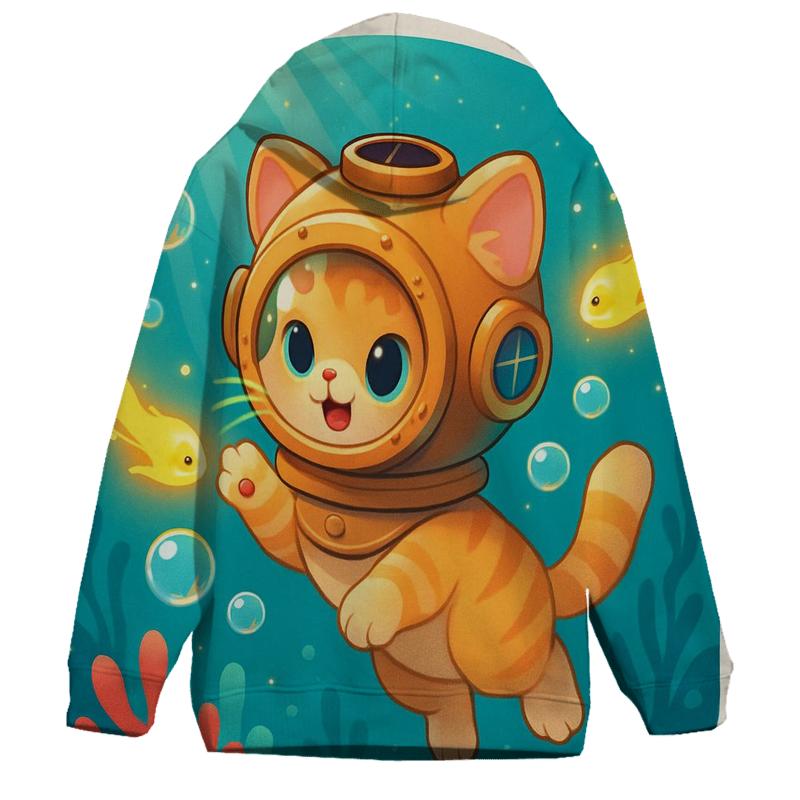 Bubble Reef Diver Kitten graphic hoodies
