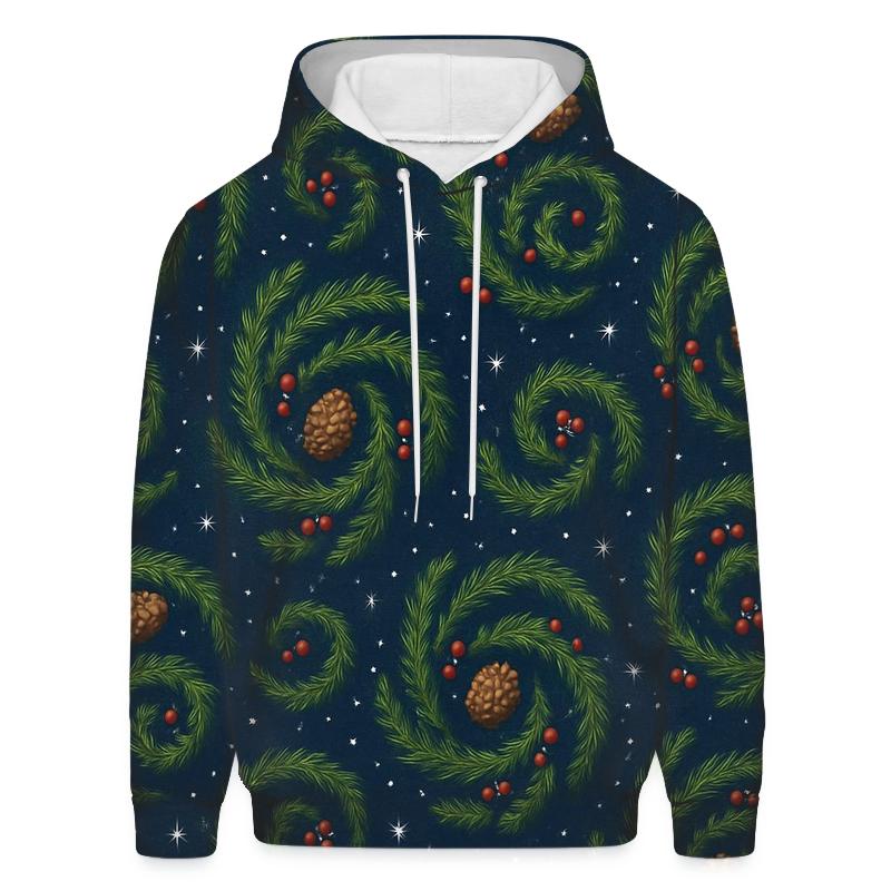 Fir Branch Spiral Scatter On Midnight Blue Background hoodie designs