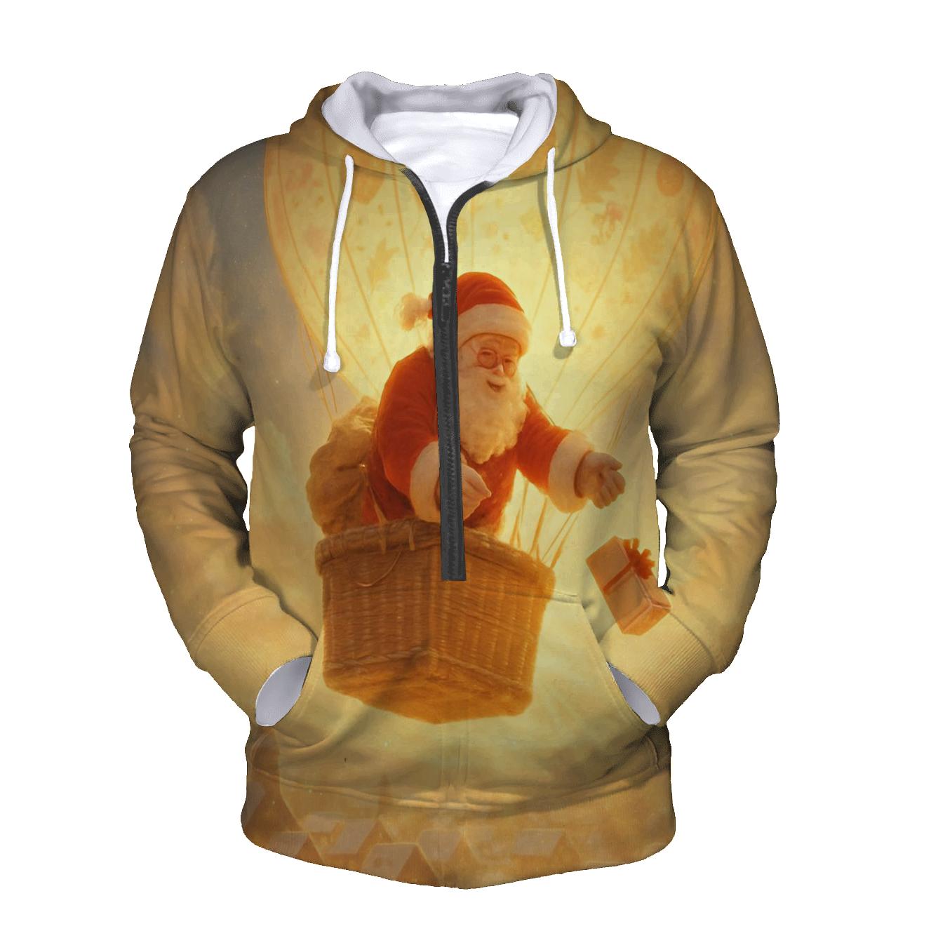 Golden Sunrise Santa Delivering By Hot Air Balloon lightweight hoodies