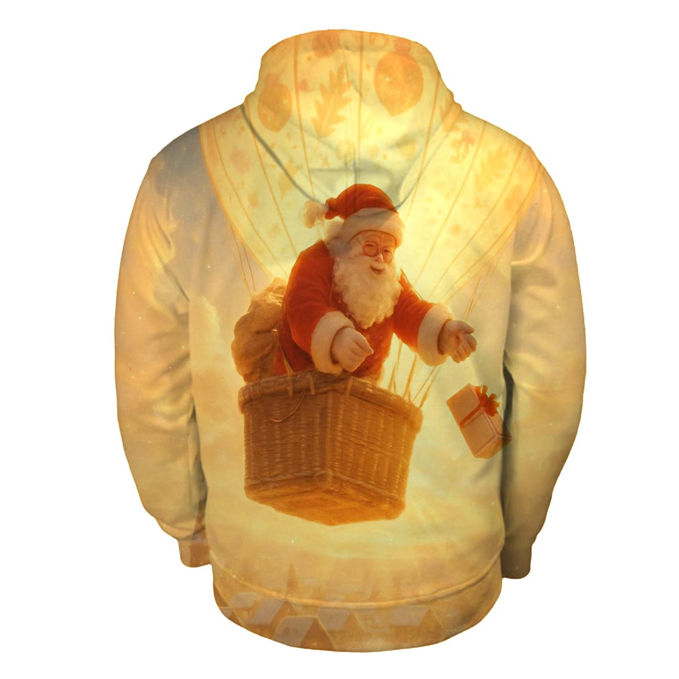 Golden Sunrise Santa Delivering By Hot Air Balloon lightweight hoodies