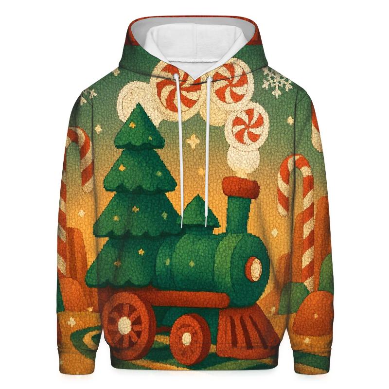 Christmas Tree Train Through Candy Cane Canyon embroidered hoodies