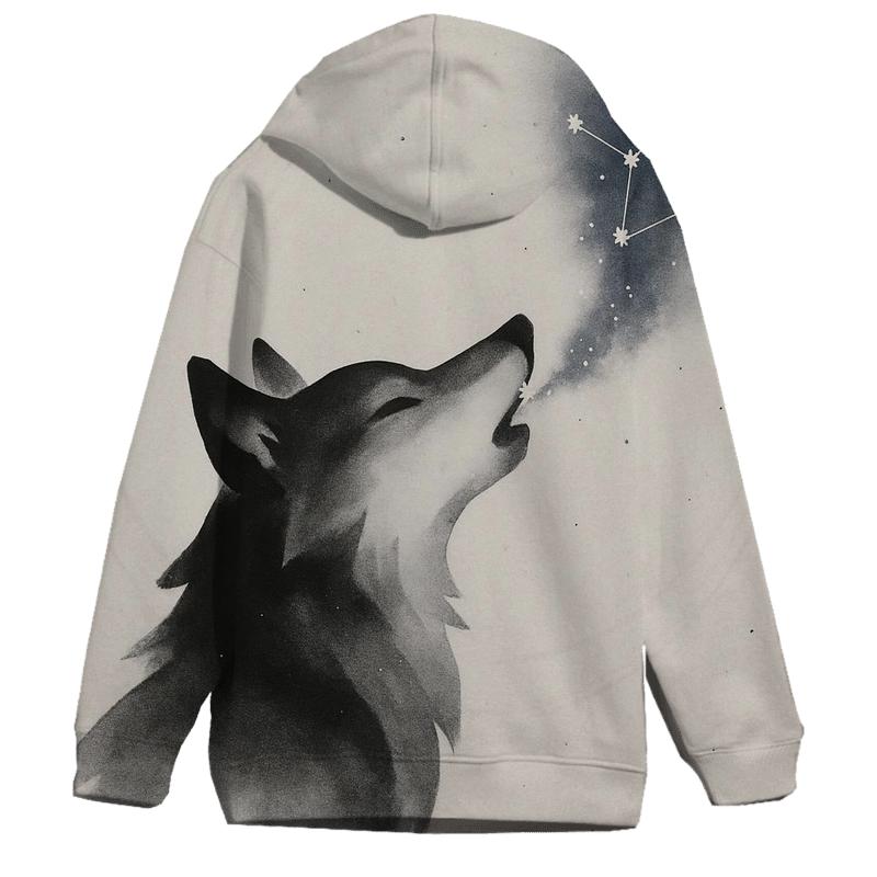 Celestial Ink Wash Wolf Constellator printed hoodies