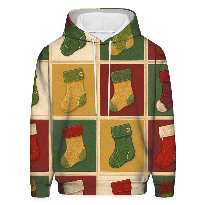 Christmas Stocking Patchwork Tiles On Beige Background printed hoodies