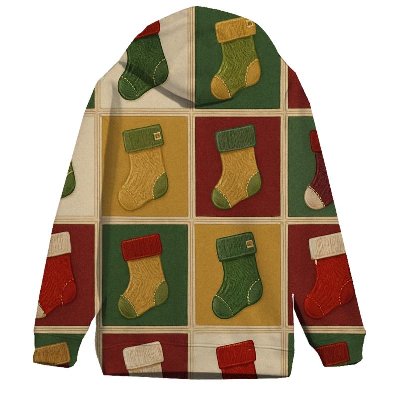 Christmas Stocking Patchwork Tiles On Beige Background printed hoodies