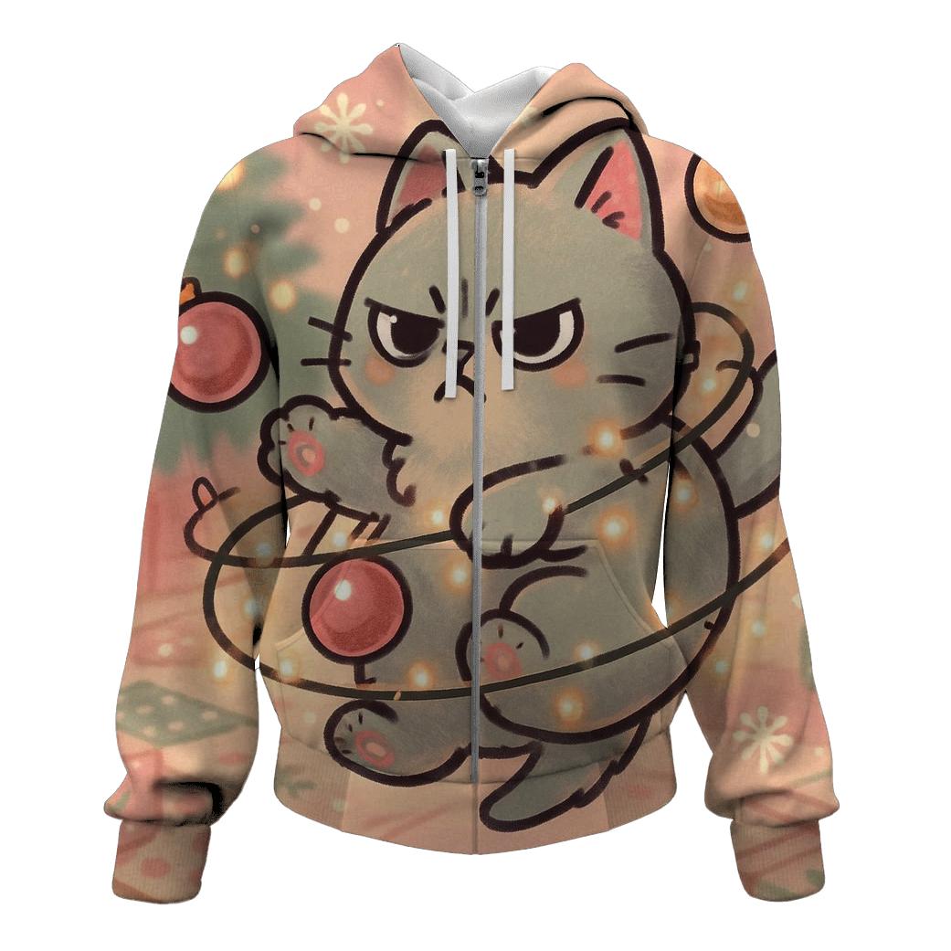 Cat Tangled In Twinkle Garland Orbit lightweight hoodies