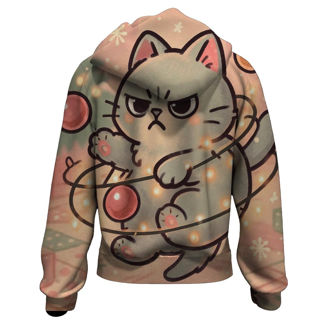 Cat Tangled In Twinkle Garland Orbit lightweight hoodies