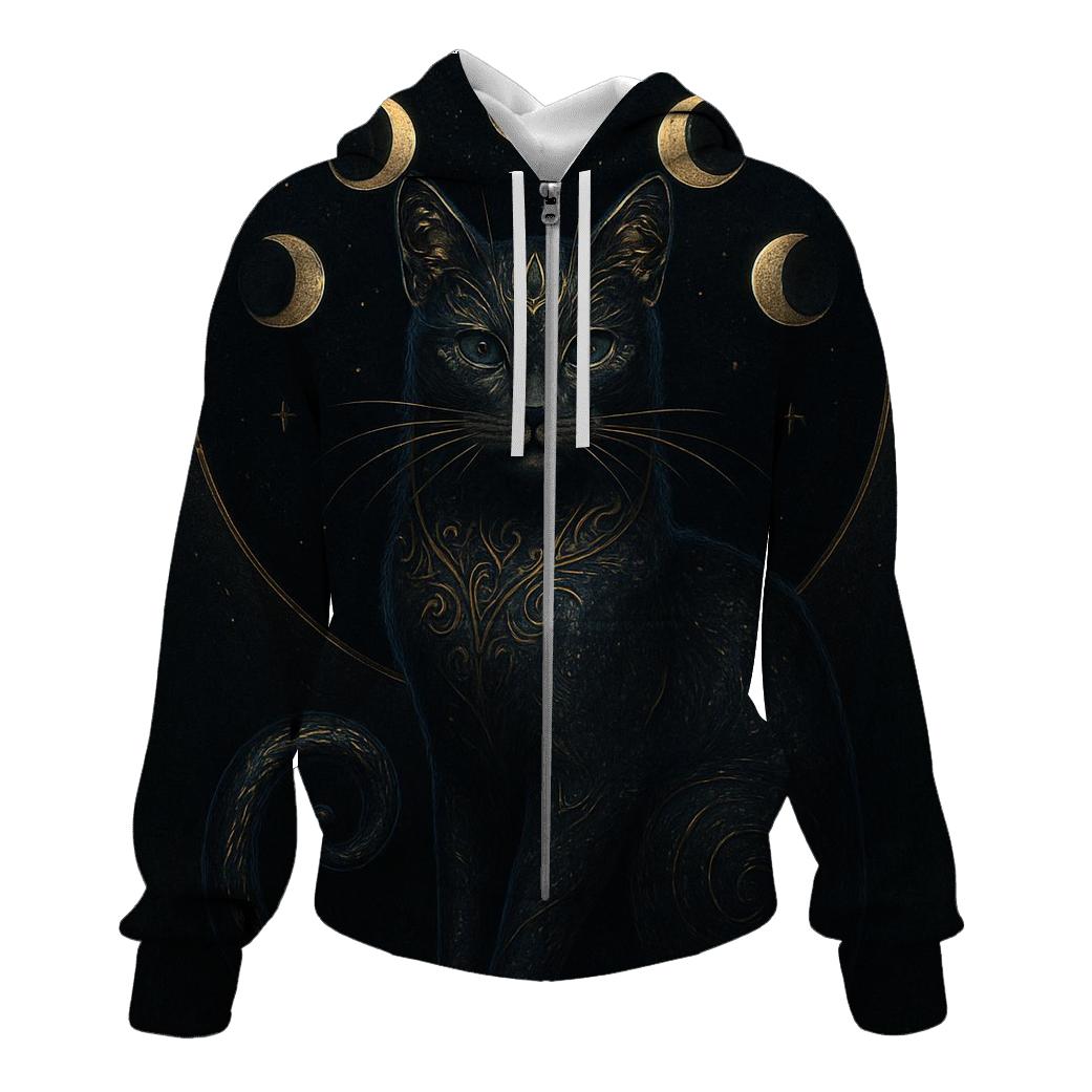 Gilded Eclipse Guardian Cat zip-up hoodies
