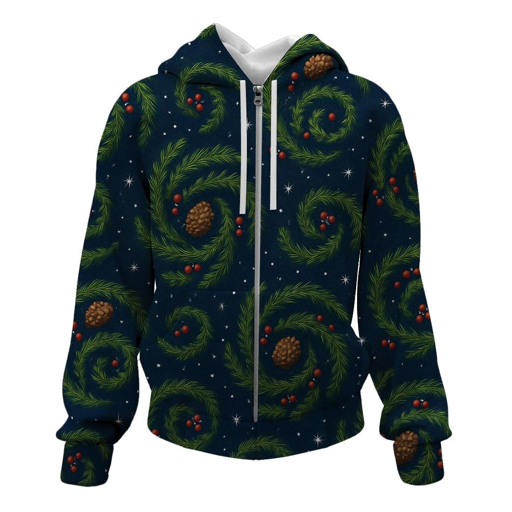 Fir Branch Spiral Scatter On Midnight Blue Background heavyweight hoodies