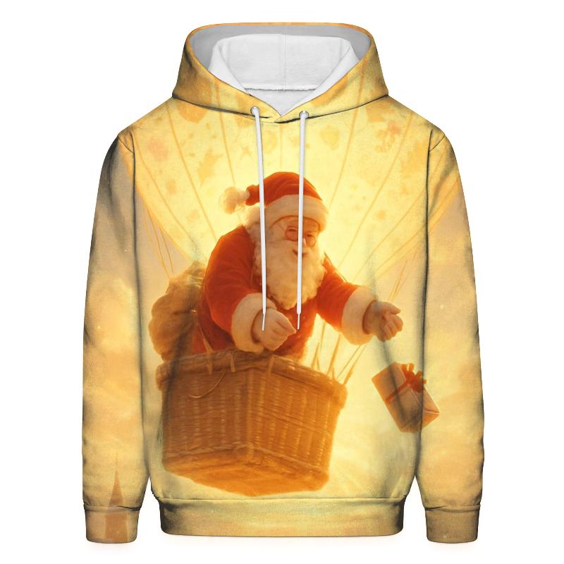 Golden Sunrise Santa Delivering By Hot Air Balloon printed hoodies
