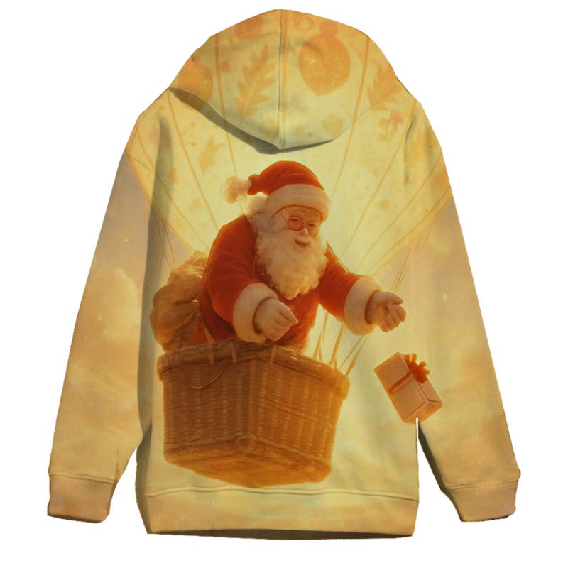 Golden Sunrise Santa Delivering By Hot Air Balloon printed hoodies