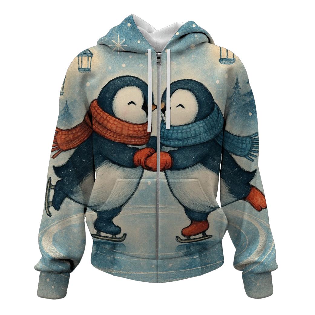 Penguin Ice Skaters On Ornament Lake embroidered hoodies