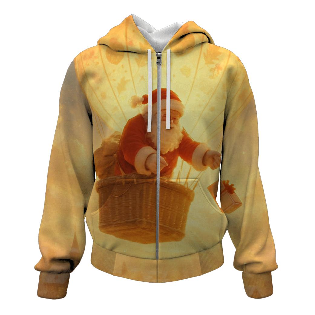 Golden Sunrise Santa Delivering By Hot Air Balloon pullover hoodies