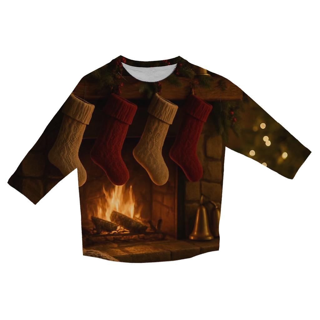 Candlelit Hearth And Evergreen Stockings printed three quarter sleeve shirts