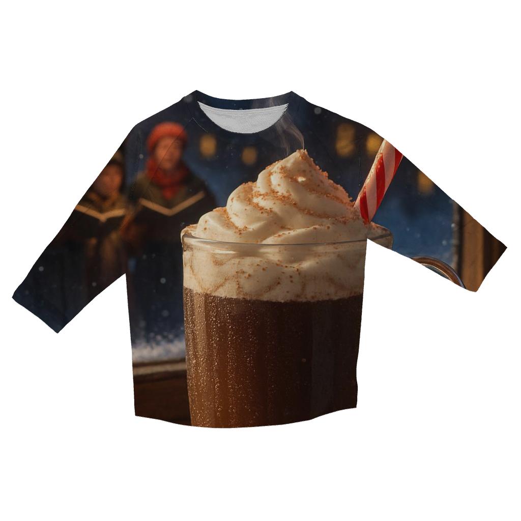 Snowy Window Cocoa And Distant Carolers printed three quarter sleeve shirts