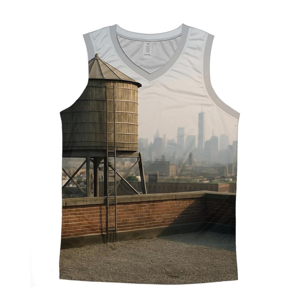Harlem Rooftop Water Tower Over Downtown Haze sports performance tank tops