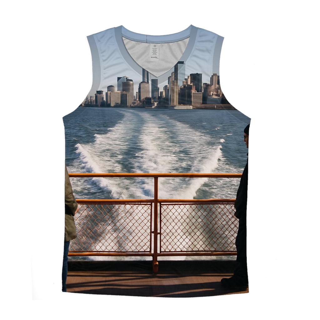Staten Island Ferry Wake Framing Lower Manhattan graphic print tank tops