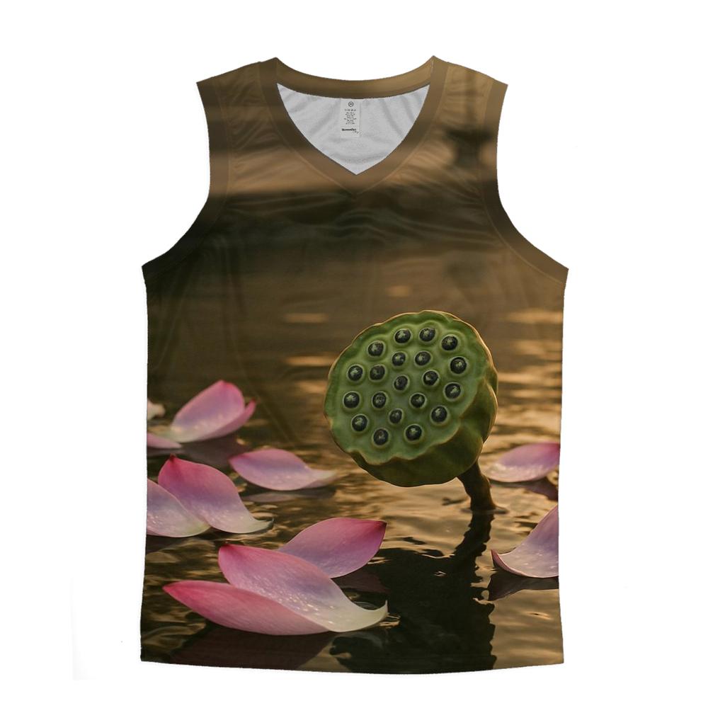 Lotus Seed Pod And Petals In Temple Pond Stillness casual summer tank tops
